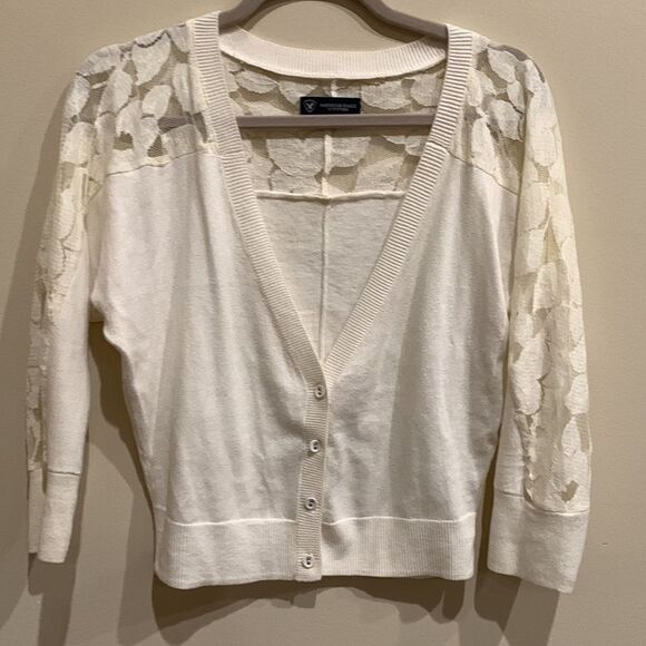 American Eagle  Cream Lace Inset Cardigan - Picture 2 of 11